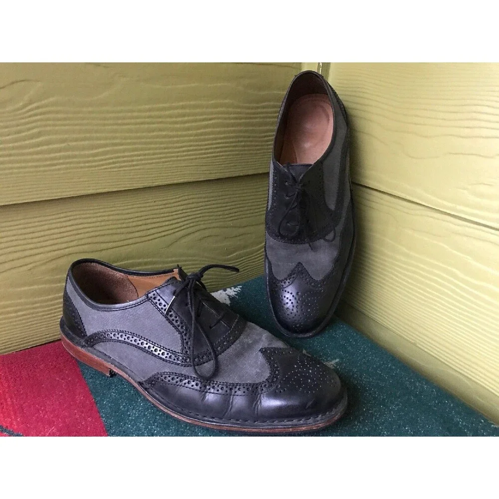 Sebago Black Gray Wing Tip Dress Shoes Canvas Leather 11.5 M